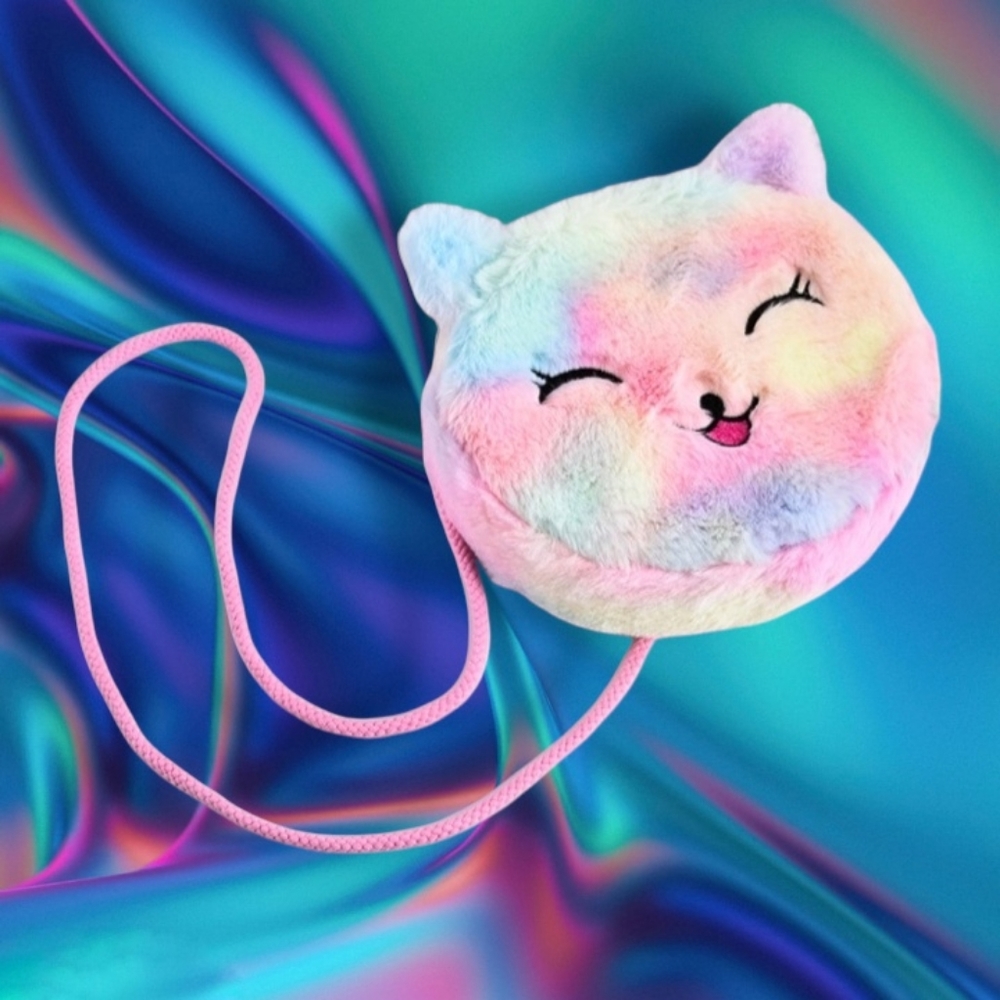 GROOVY GLAM Rainbow Happy Kitty Plushy Faux Fur Round Purse